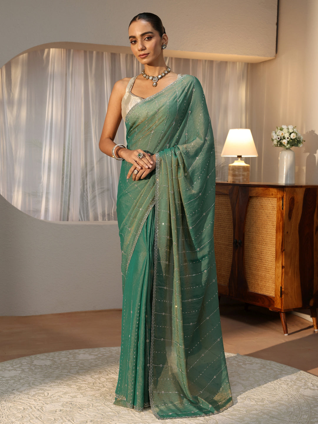 Sea Green Embellished Silk Blend Saree