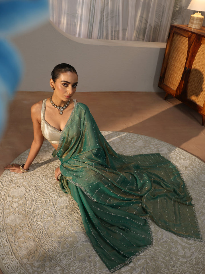Sea Green Embellished Silk Blend Saree