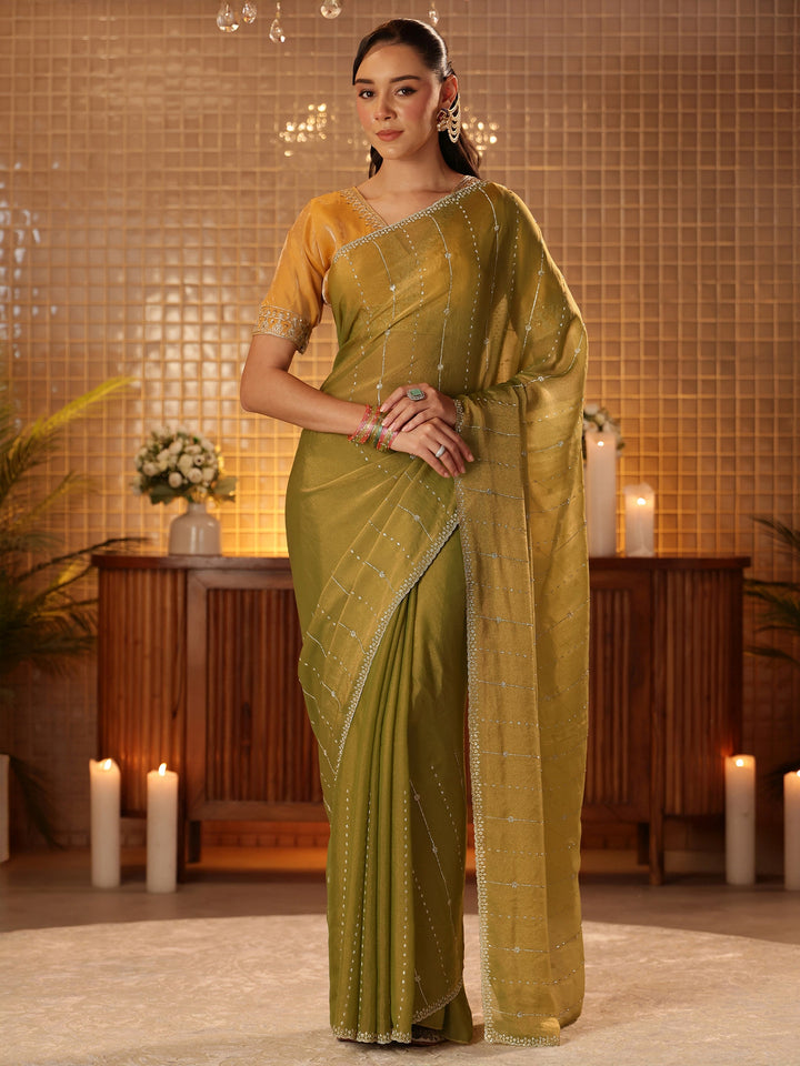 Light Olive Green Embellished Silk Blend Saree