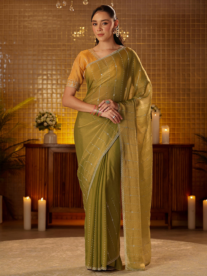 Libas Light Olive Green Embellished Silk Blend Saree