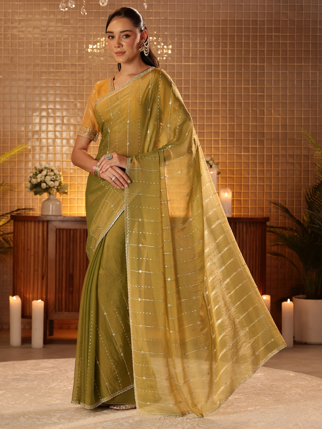 Light Olive Green Embellished Silk Blend Saree