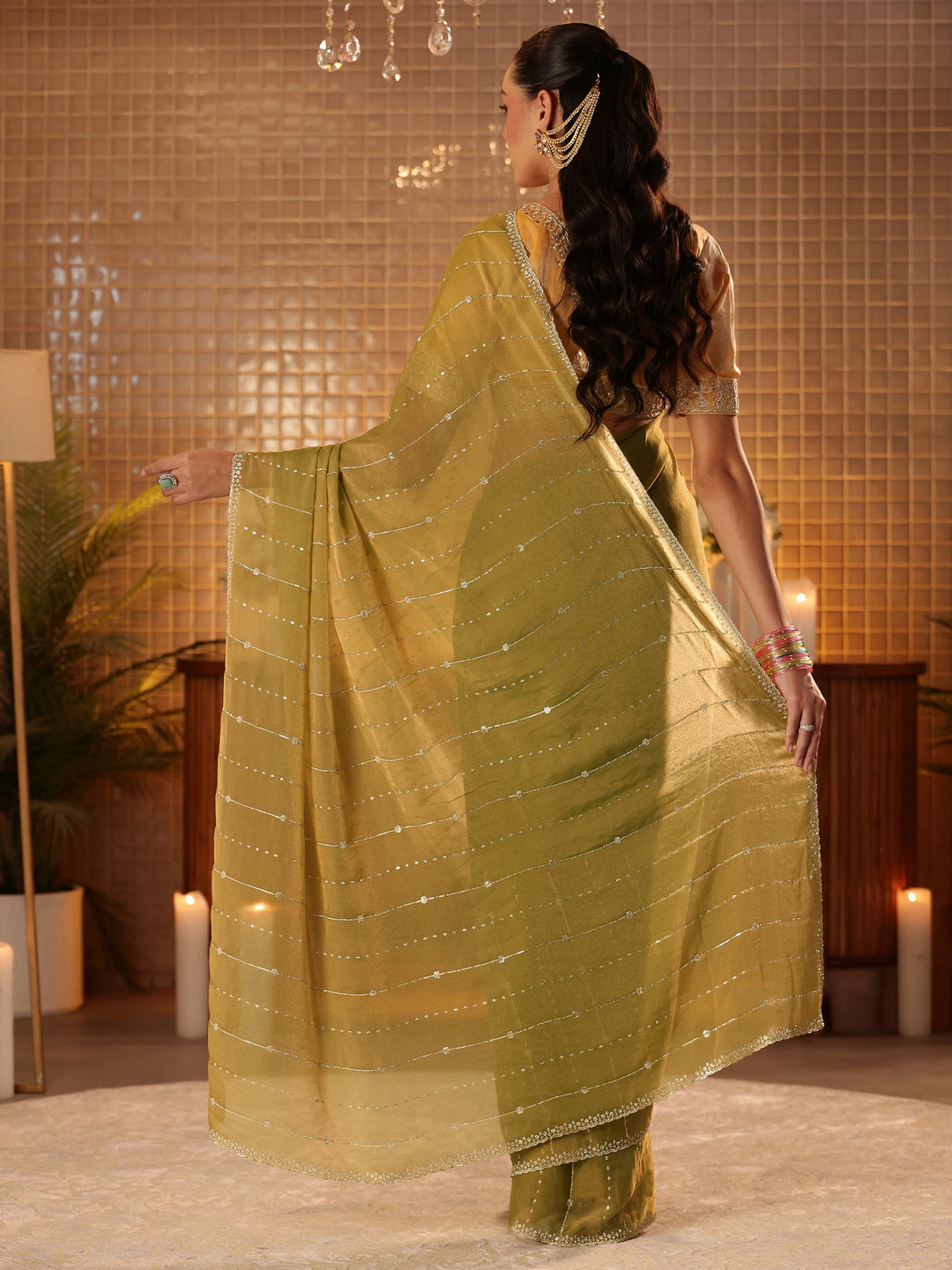 Light Olive Green Embellished Silk Blend Saree