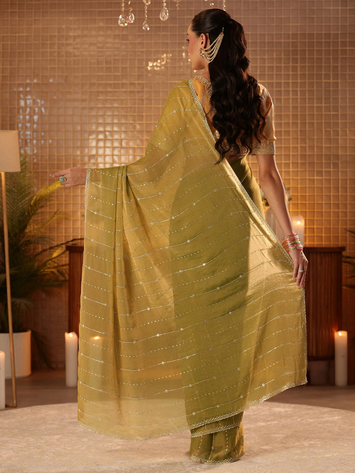 Light Olive Green Embellished Silk Blend Saree