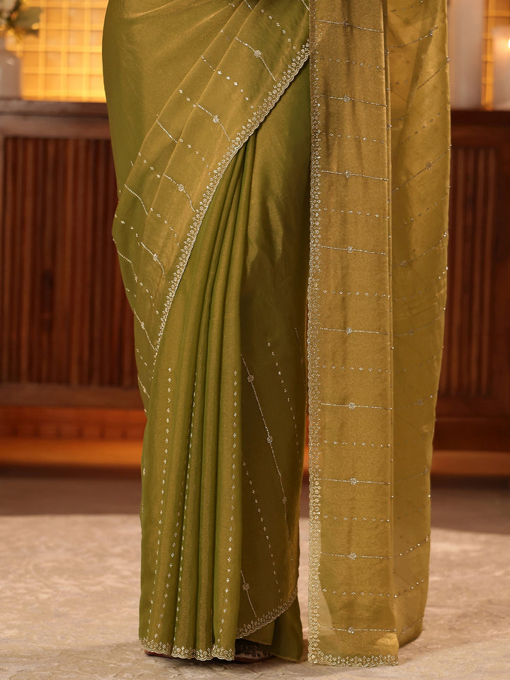 Light Olive Green Embellished Silk Blend Saree