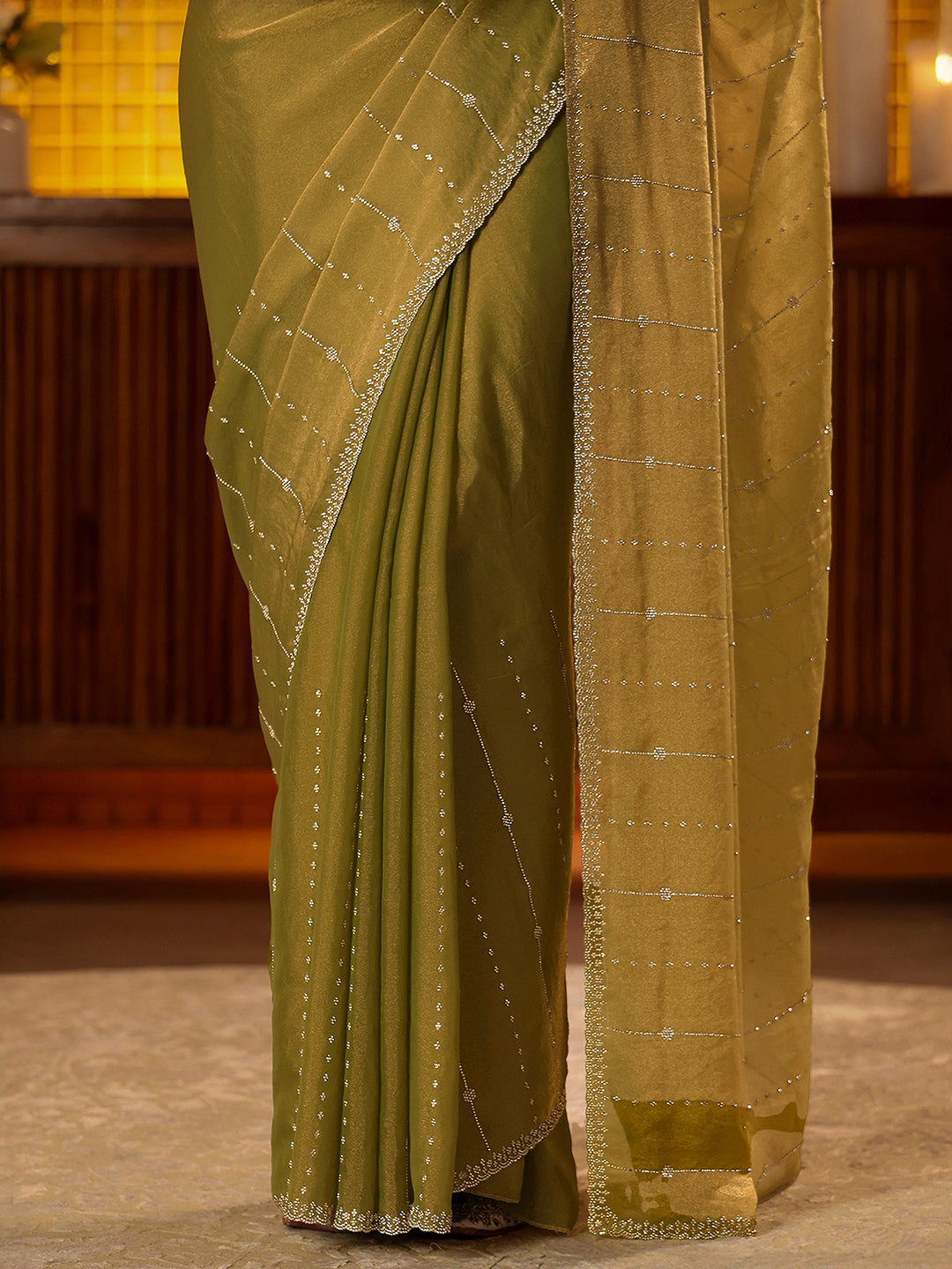 Libas Light Olive Green Embellished Silk Blend Saree