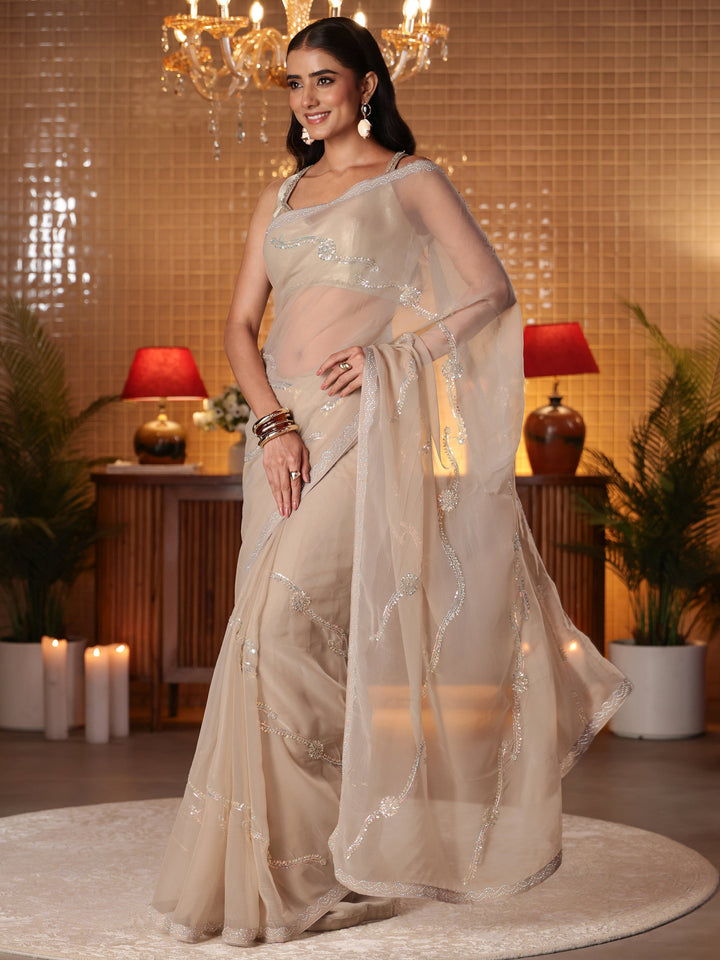 Taupe Floral Embellished Silk Blend Saree