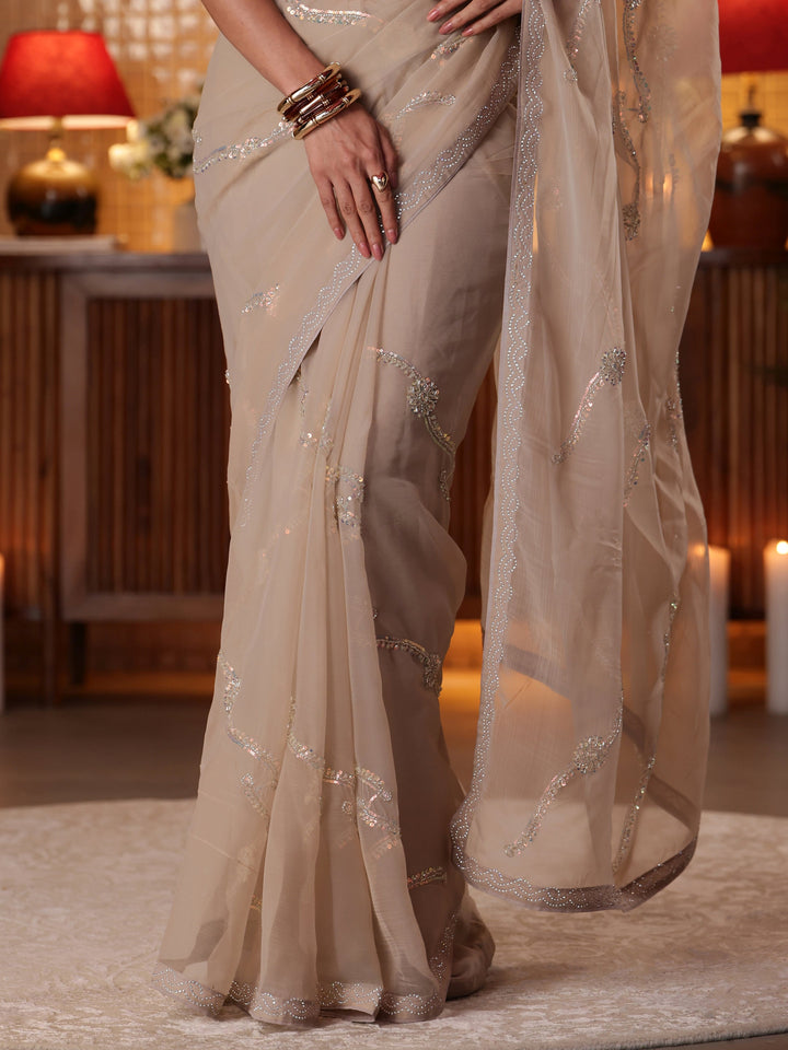 Taupe Floral Embellished Silk Blend Saree