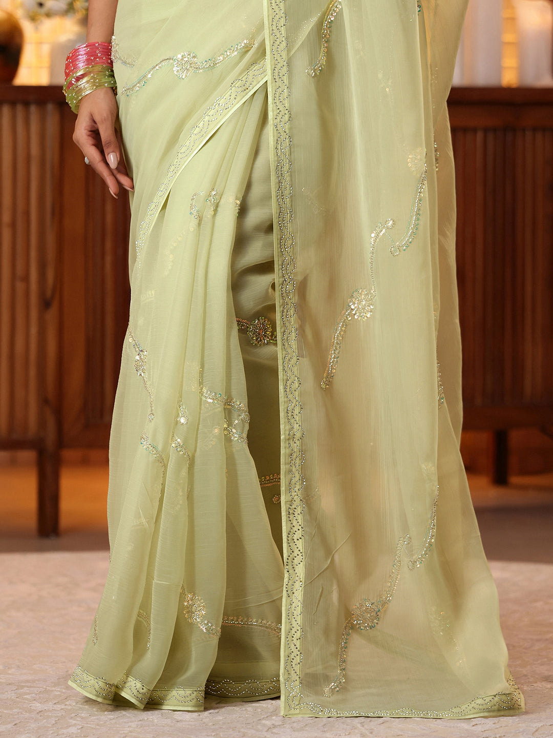 Pista Green Floral Embellished Silk Blend Saree