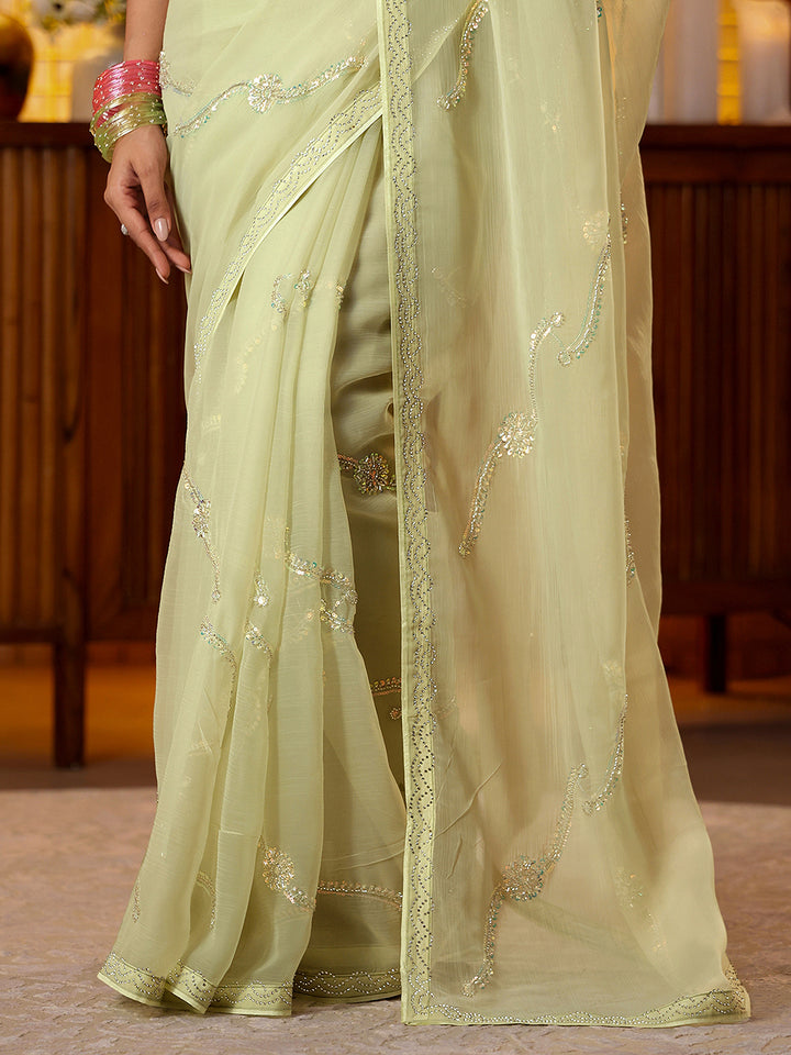 Libas Pista Green Floral Embellished Silk Blend Saree