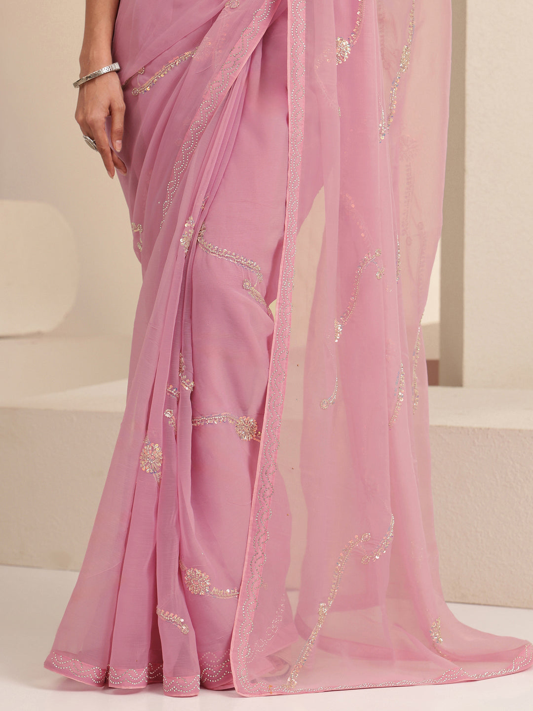 Libas Baby Pink Floral Embellished Silk Blend Saree