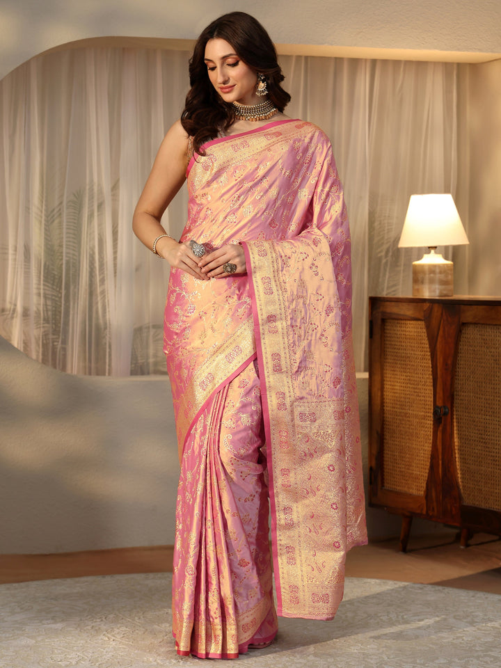Libas Dusty Rose Pink Floral Embroidered Silk Blend Saree