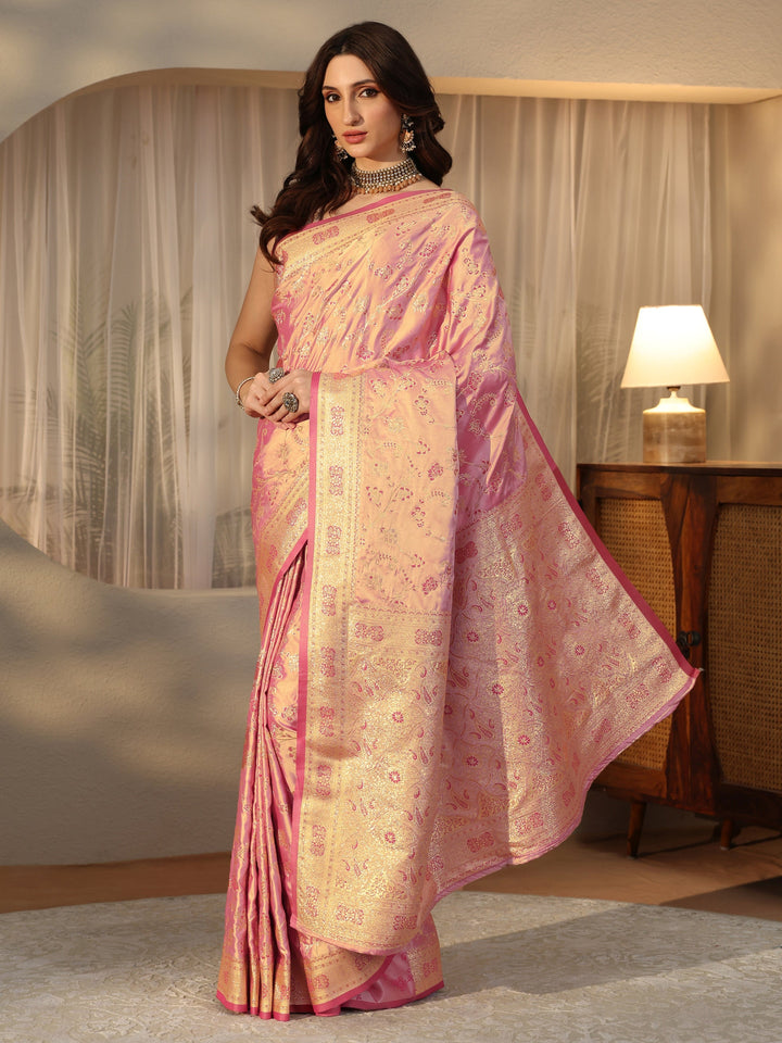 Libas Dusty Rose Pink Floral Embroidered Silk Blend Saree