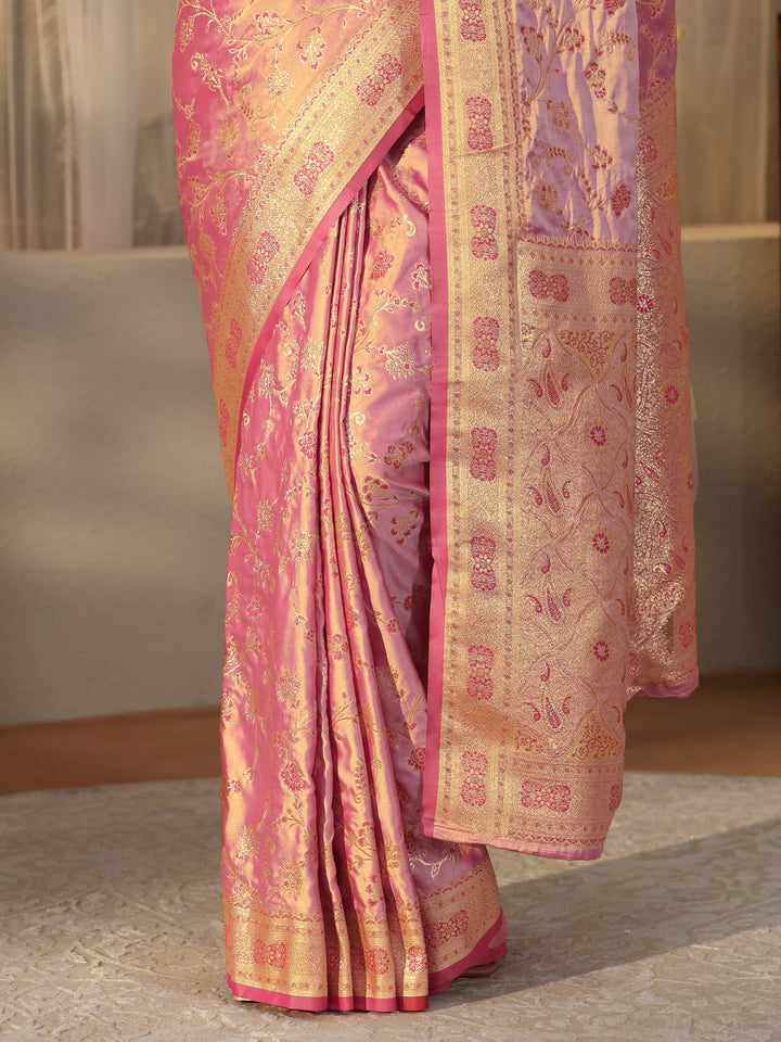 Libas Dusty Rose Pink Floral Embroidered Silk Blend Saree