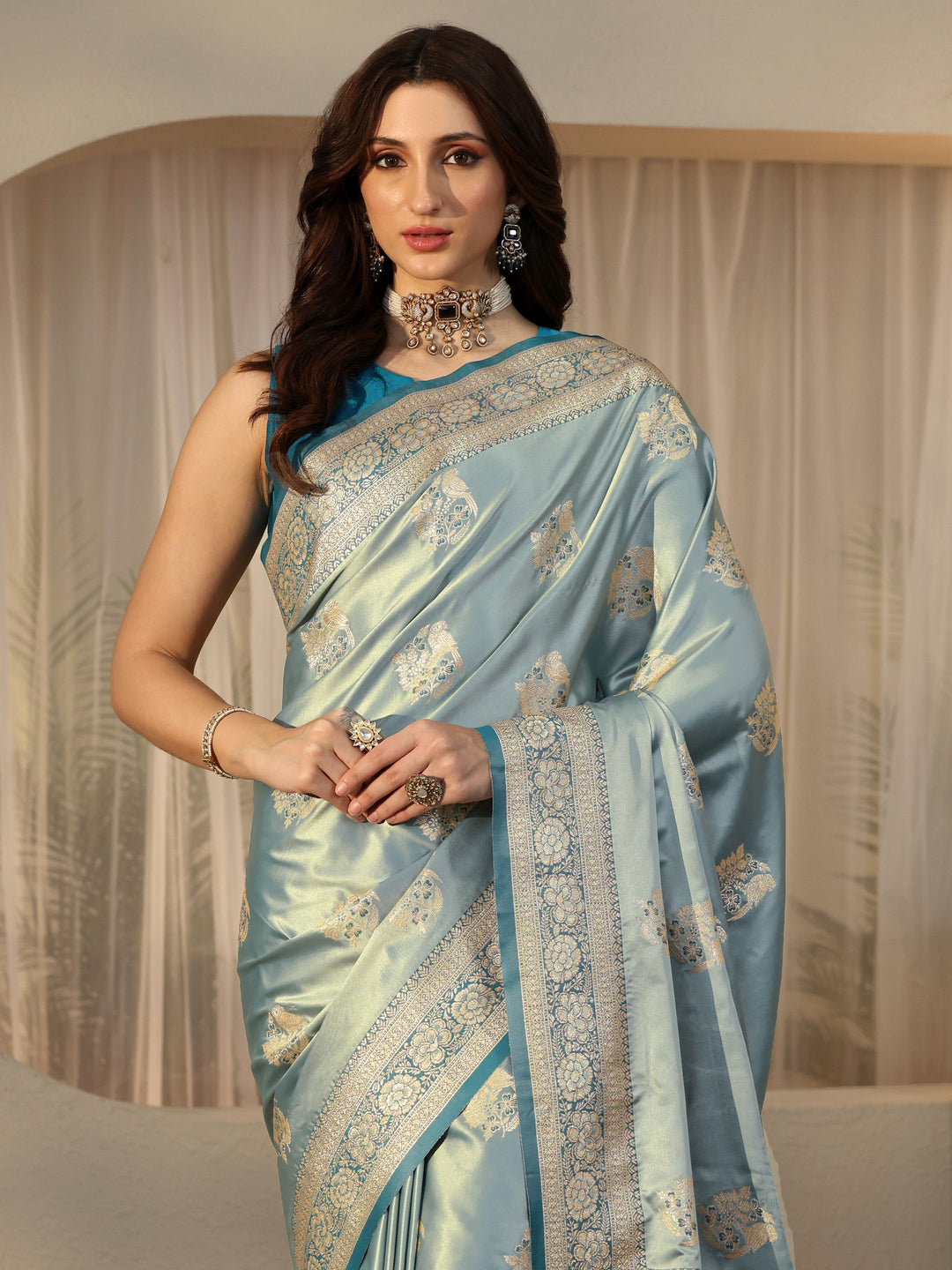 Libas Dusty Blue Banarasi Silk Blend Saree