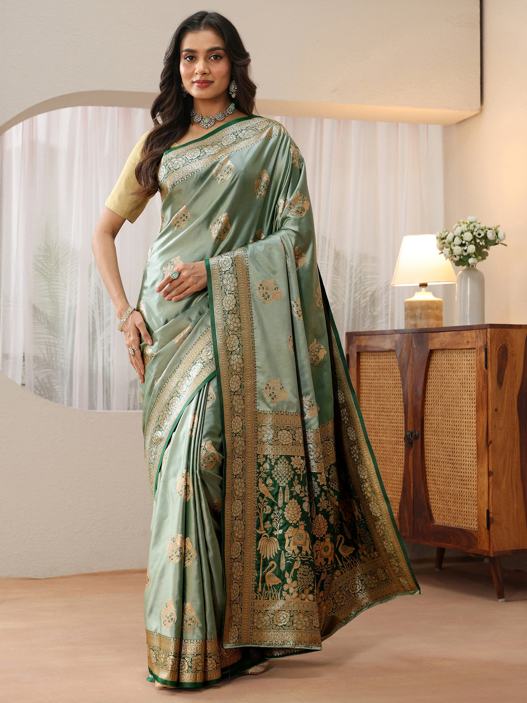 Libas Dusty Sea Green Banarasi Silk Blend Saree