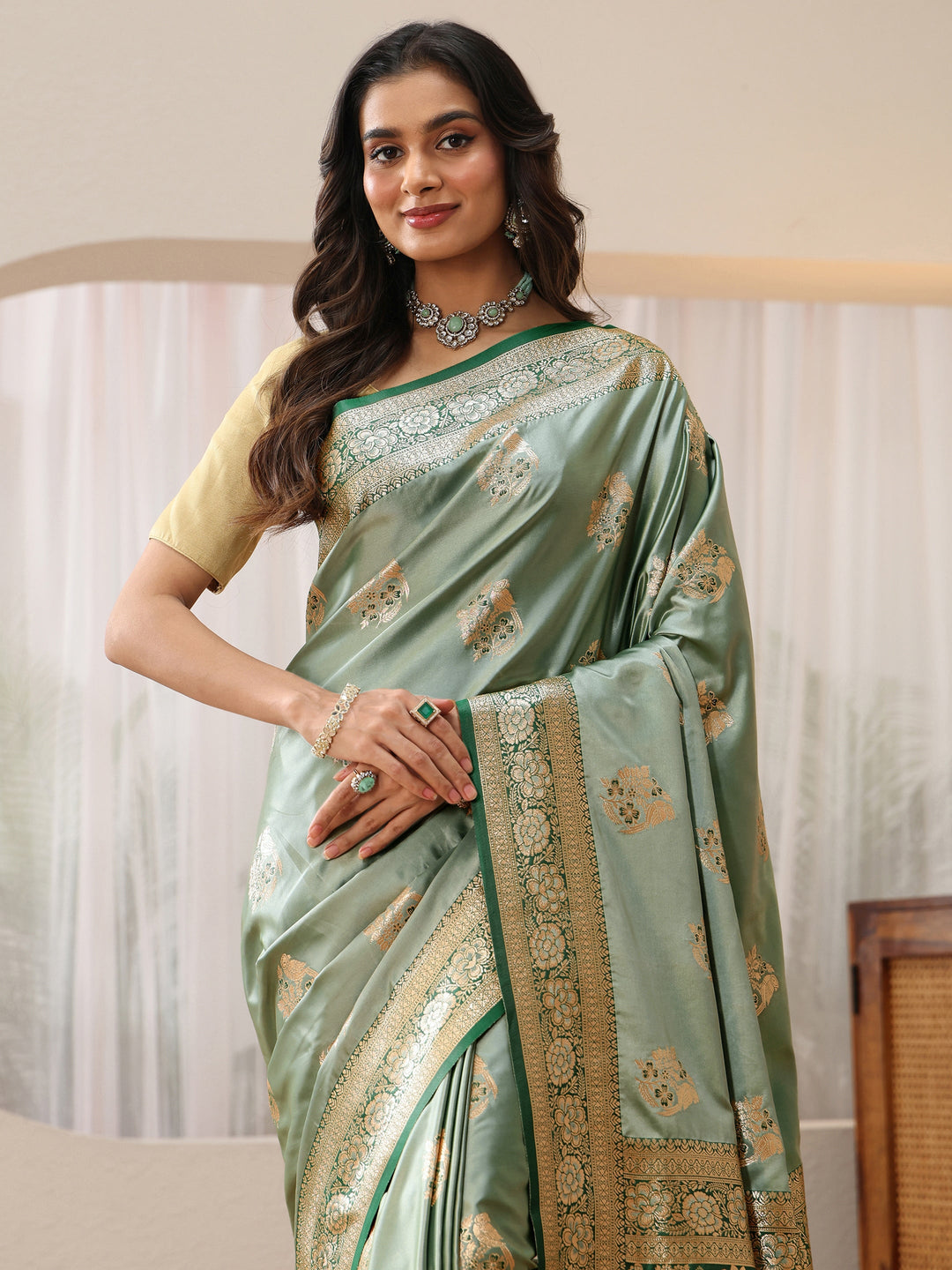 Libas Dusty Sea Green Banarasi Silk Blend Saree