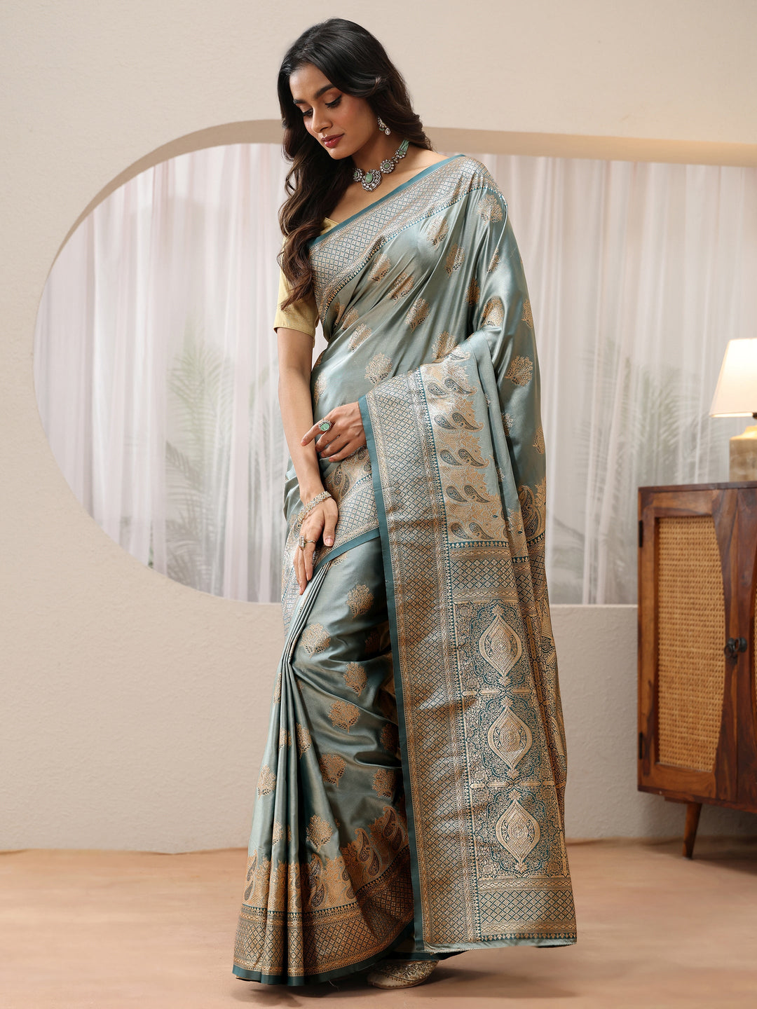 Libas Dusty Blue Banarasi Silk Blend Saree