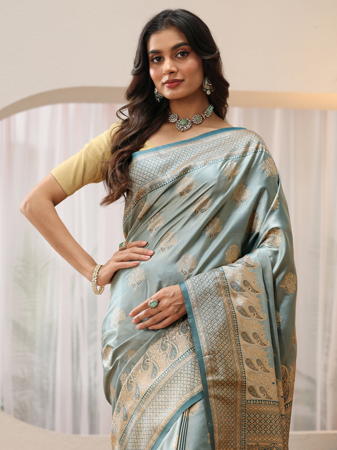 Libas Dusty Blue Banarasi Silk Blend Saree