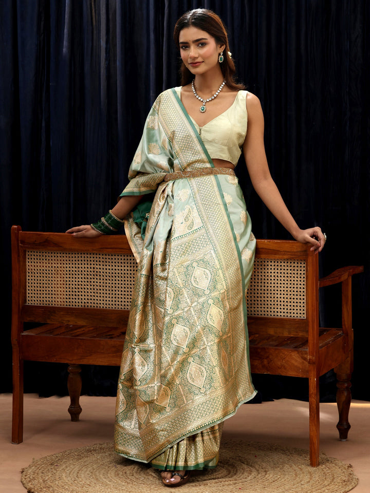 Libas Mint Green Banarasi Silk Blend Saree