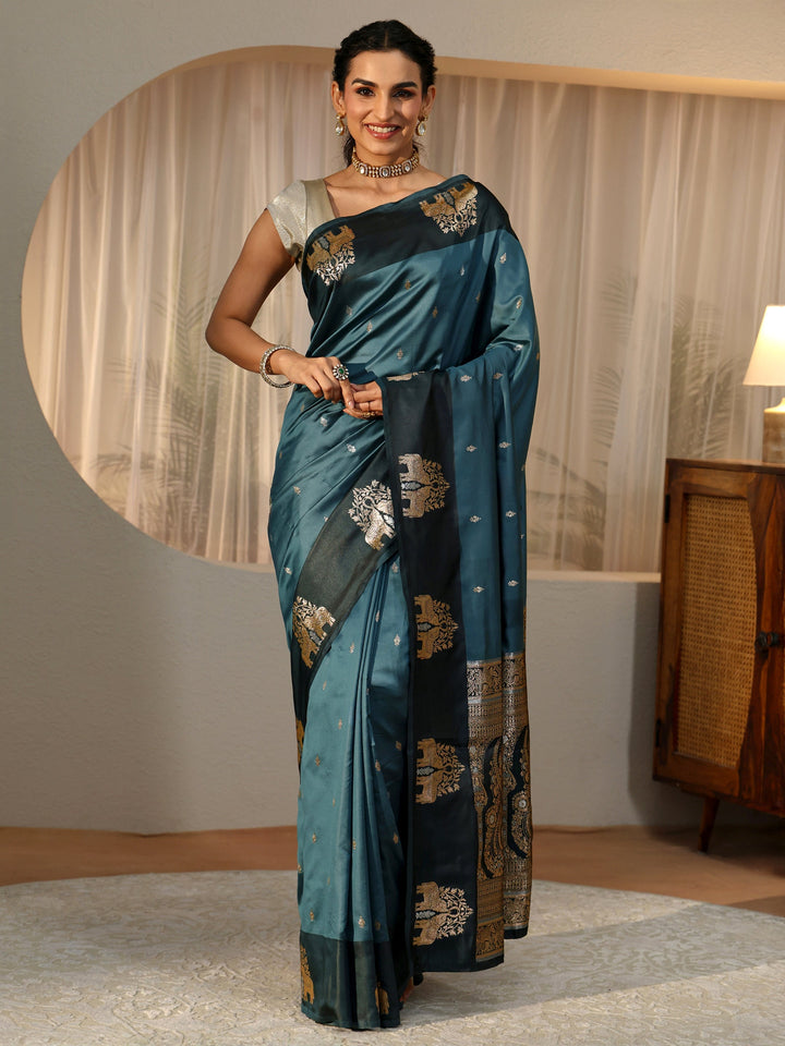 Libas Teal Blue Elephant Woven Design Silk Blend Saree
