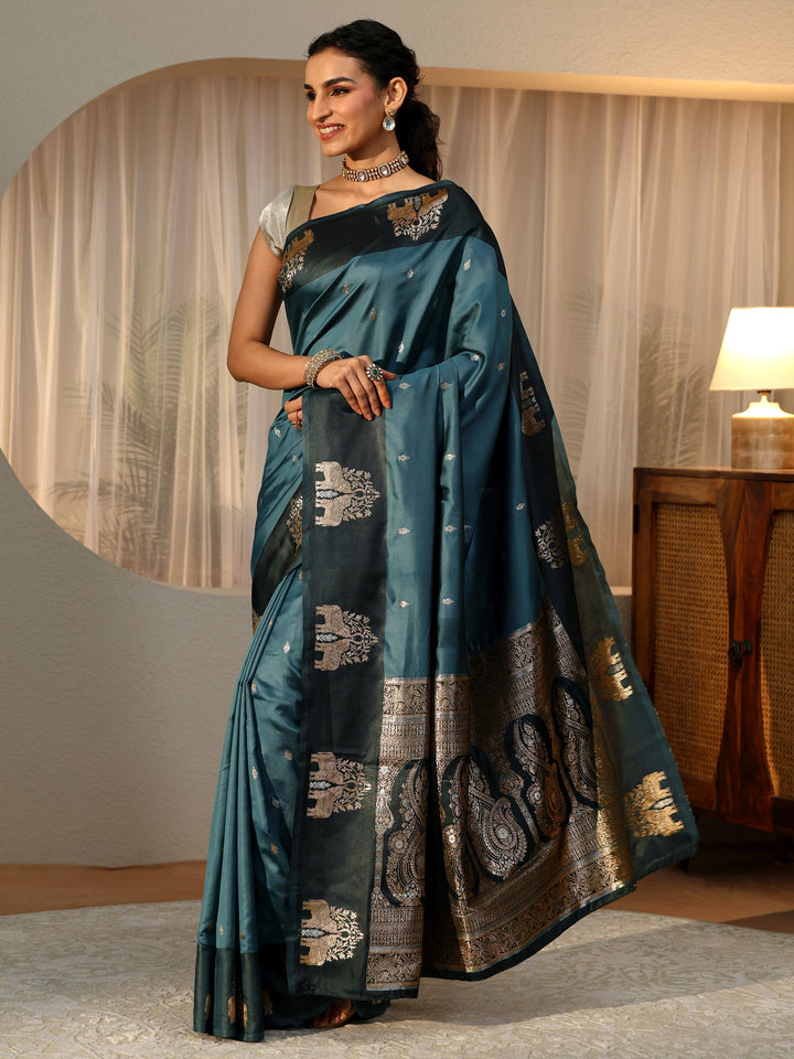 Libas Teal Blue Elephant Woven Design Silk Blend Saree