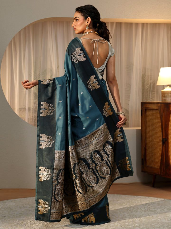 Libas Teal Blue Elephant Woven Design Silk Blend Saree