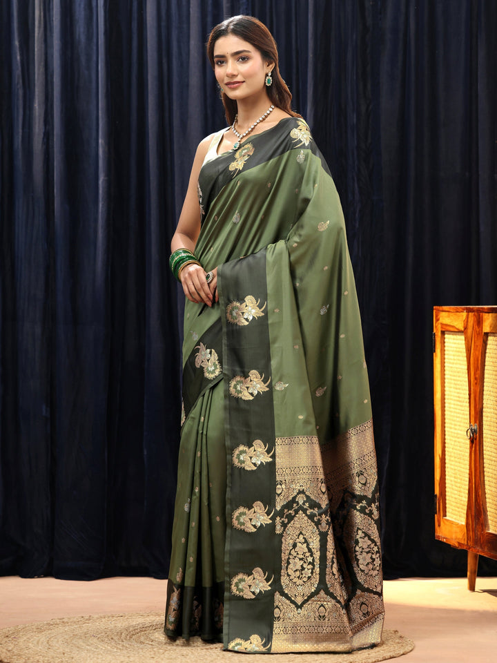 Libas Olive Green Floral Woven Design Silk Blend Saree