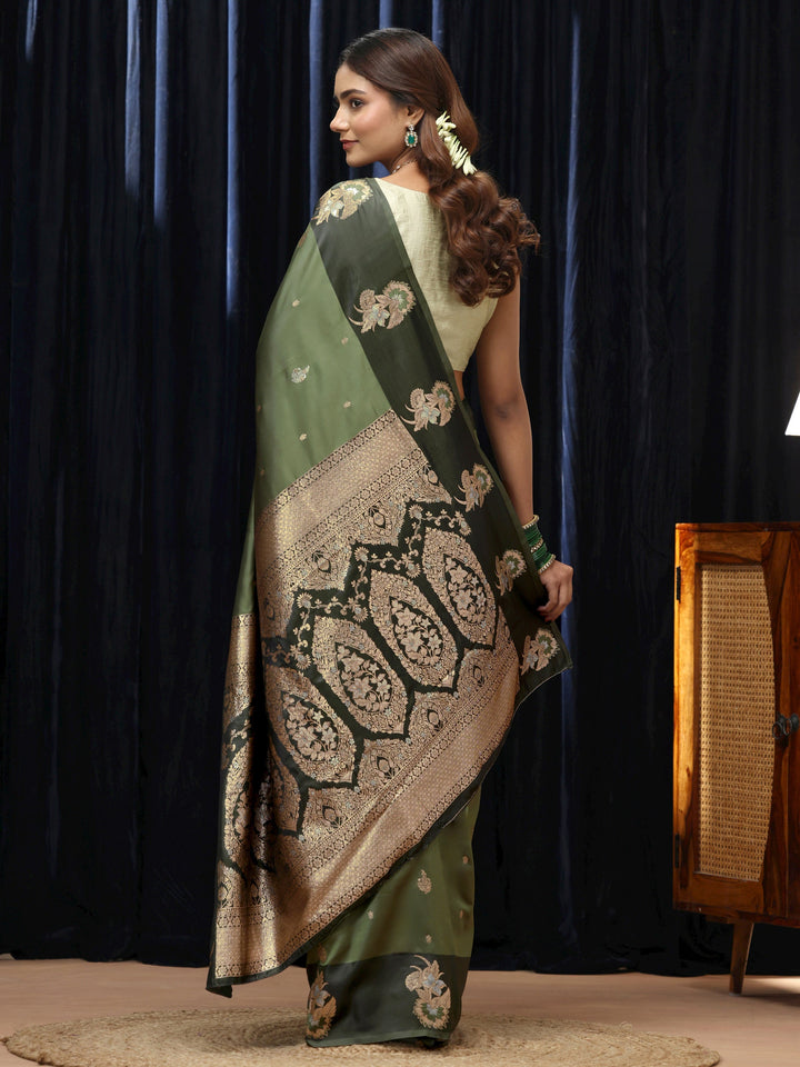 Libas Olive Green Floral Woven Design Silk Blend Saree
