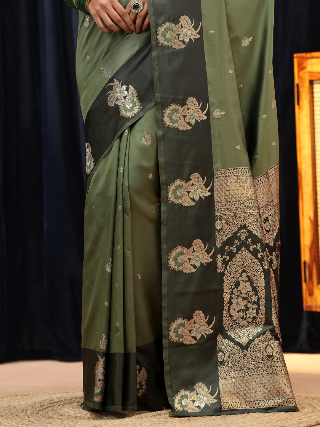 Libas Olive Green Floral Woven Design Silk Blend Saree