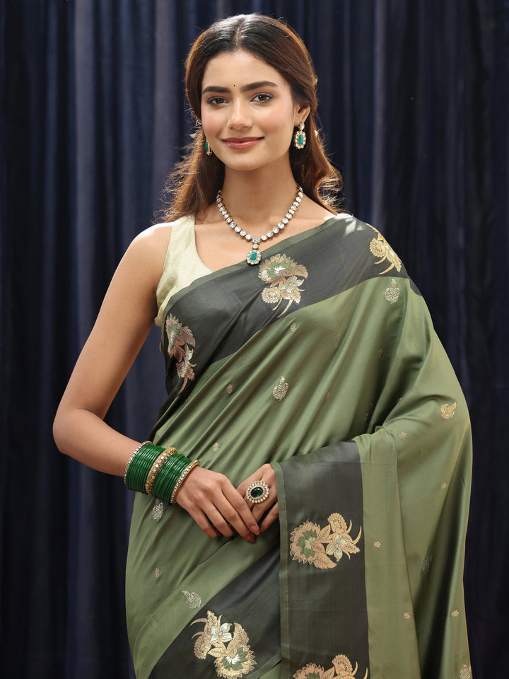 Libas Olive Green Floral Woven Design Silk Blend Saree