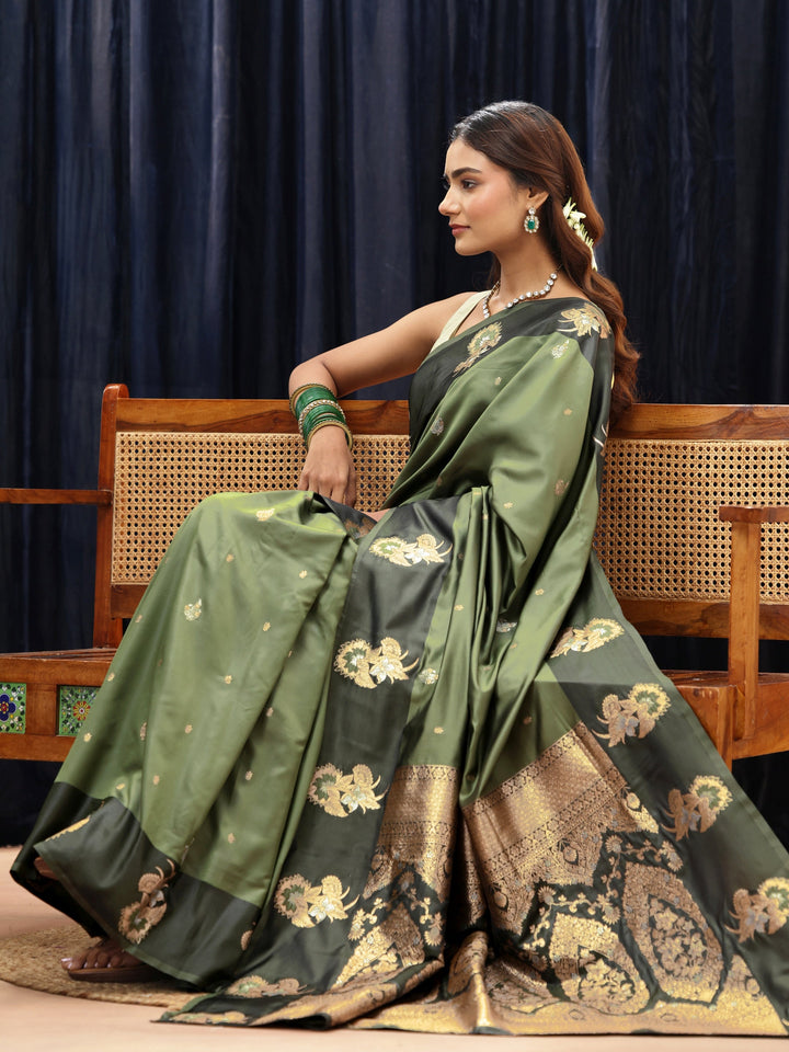 Libas Olive Green Floral Woven Design Silk Blend Saree