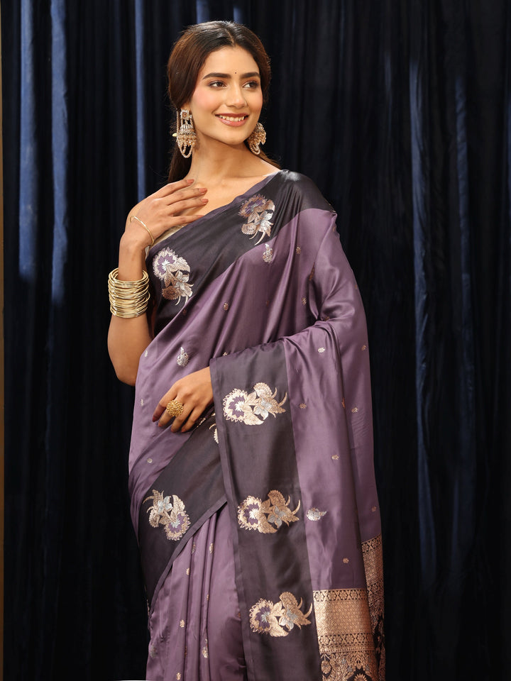 Libas Purple Floral Woven Design Silk Blend Saree