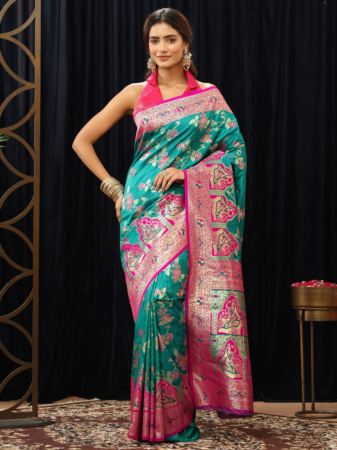Libas Teal Green Baluchari Silk Blend Saree