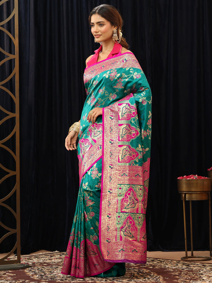 Libas Teal Green Baluchari Silk Blend Saree