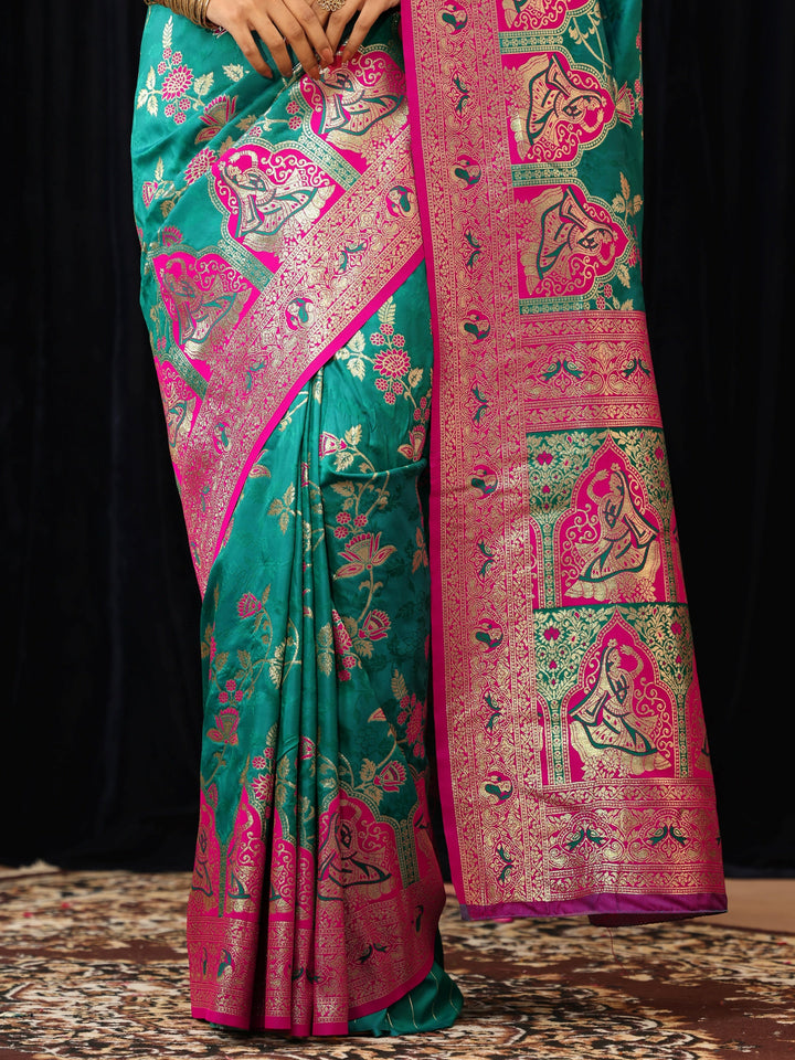 Libas Teal Green Baluchari Silk Blend Saree