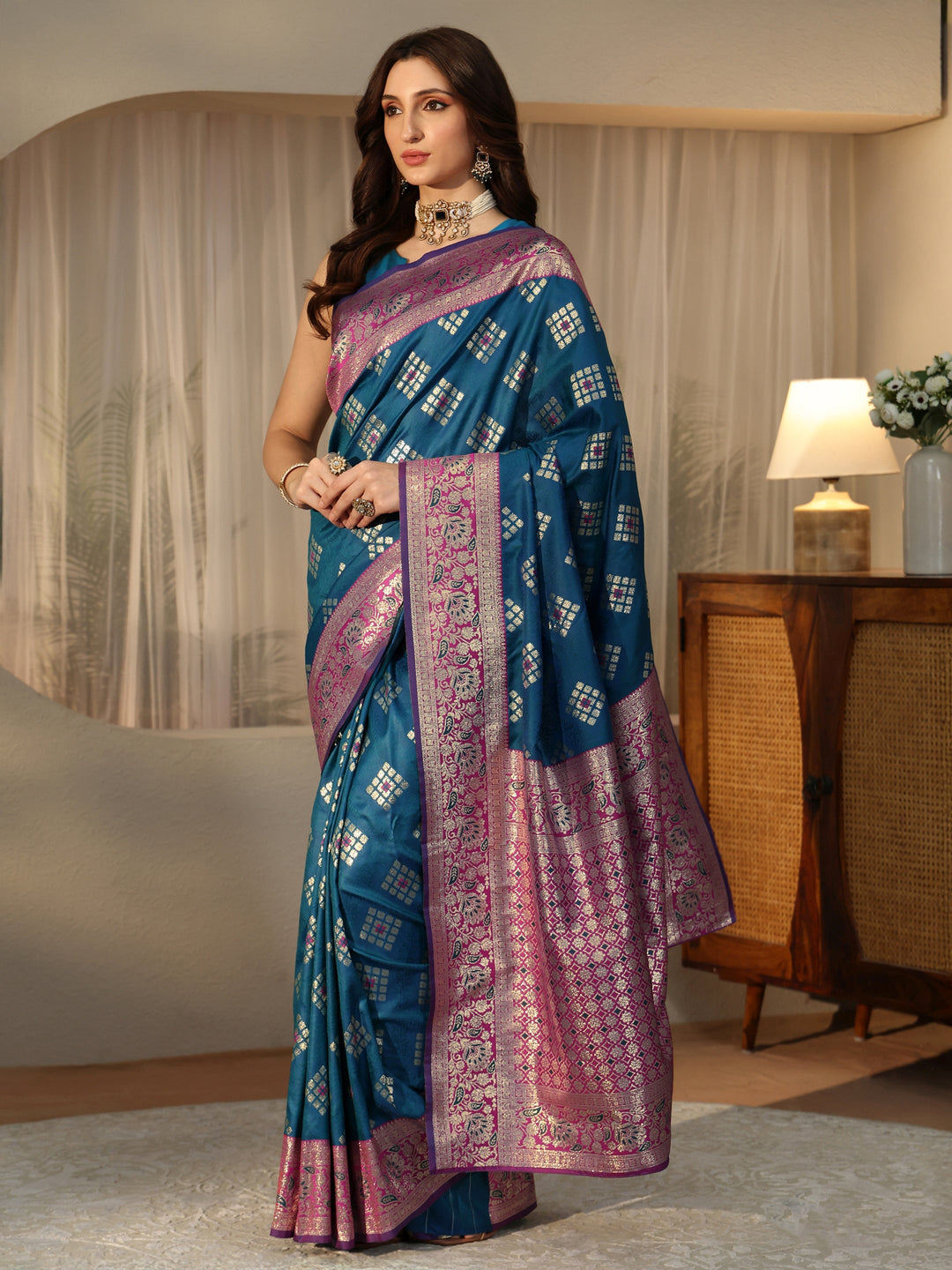 Libas Teal Geometric Woven Design Silk Blend Saree