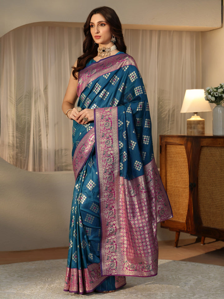 Libas Teal Geometric Woven Design Silk Blend Saree