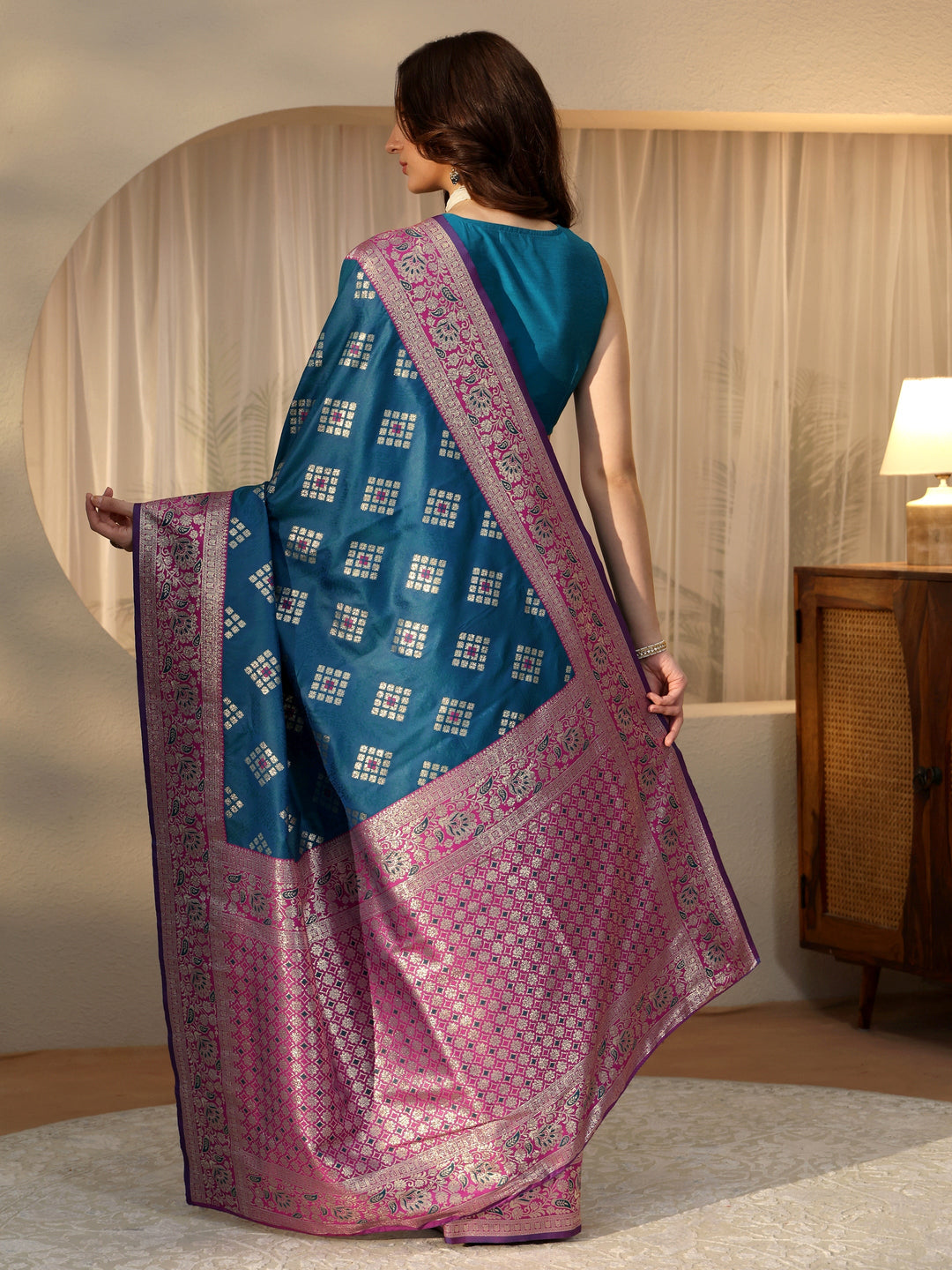 Libas Teal Geometric Woven Design Silk Blend Saree