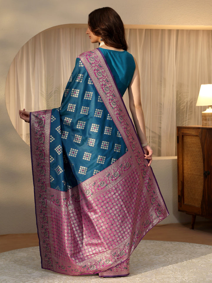 Libas Teal Geometric Woven Design Silk Blend Saree