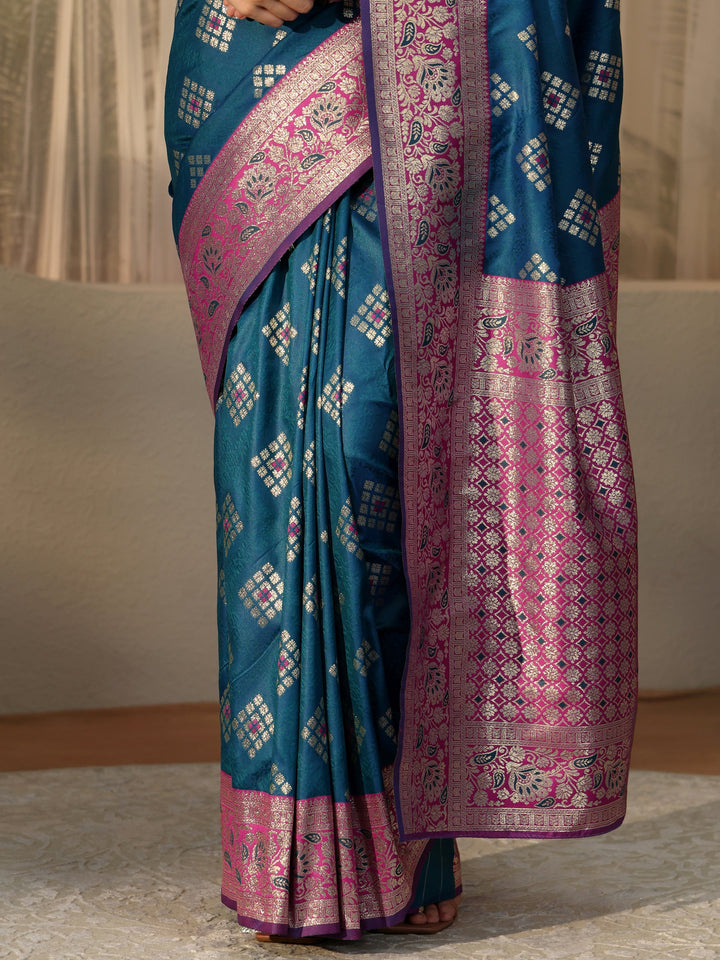 Libas Teal Geometric Woven Design Silk Blend Saree