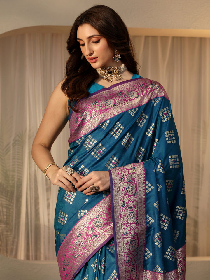 Libas Teal Geometric Woven Design Silk Blend Saree