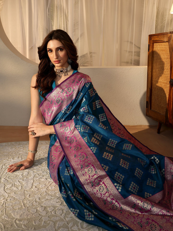 Libas Teal Geometric Woven Design Silk Blend Saree