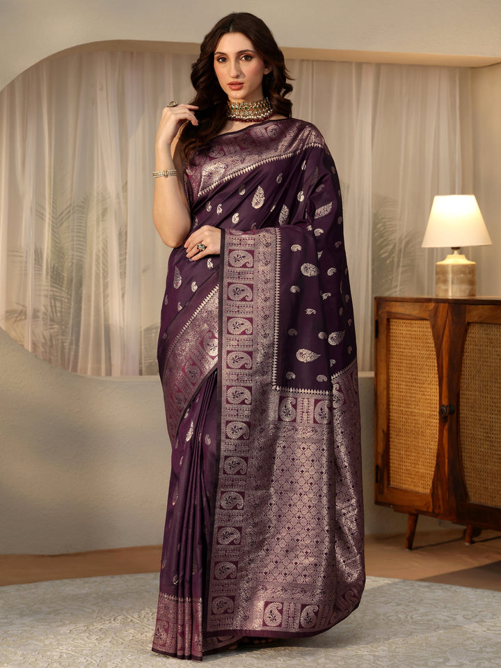 Libas Burgundy Banarasi Silk Blend Saree