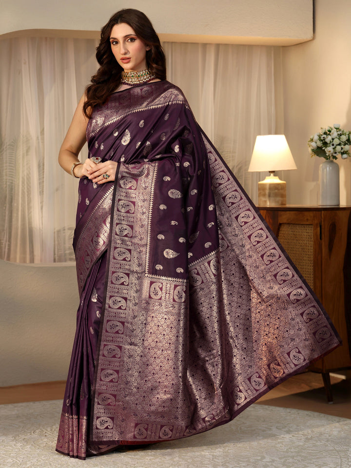 Libas Burgundy Banarasi Silk Blend Saree