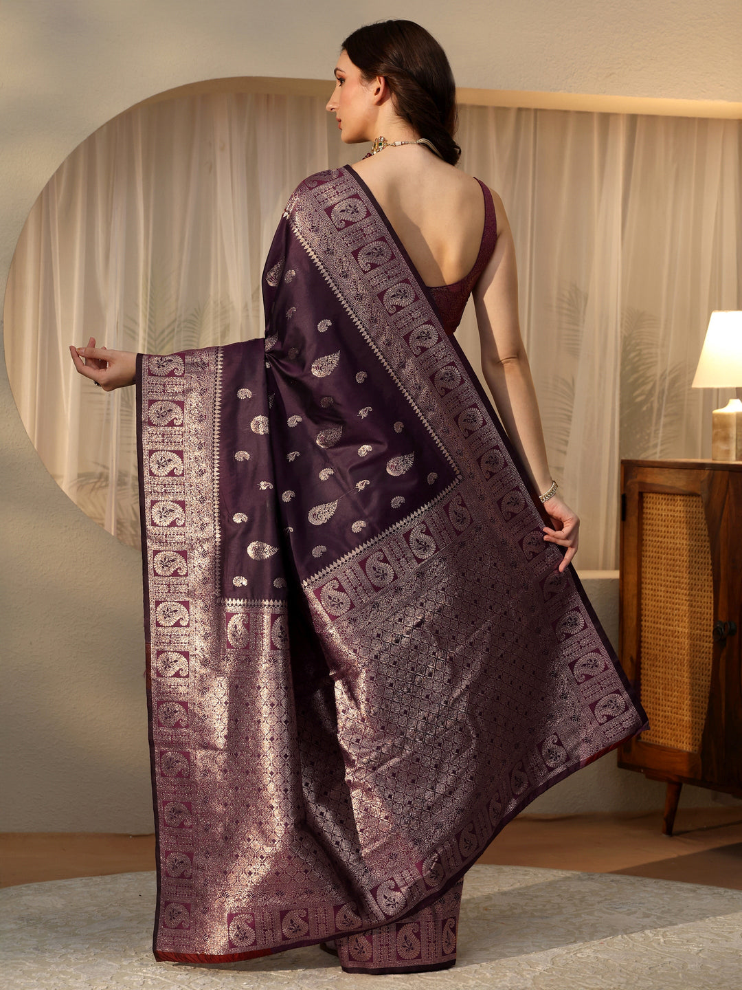 Libas Burgundy Banarasi Silk Blend Saree
