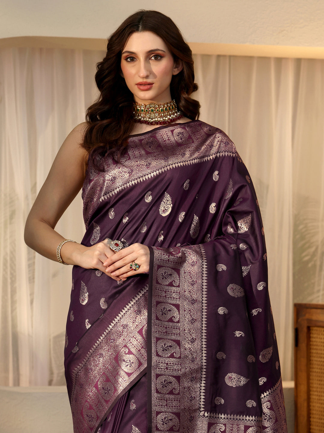 Libas Burgundy Banarasi Silk Blend Saree