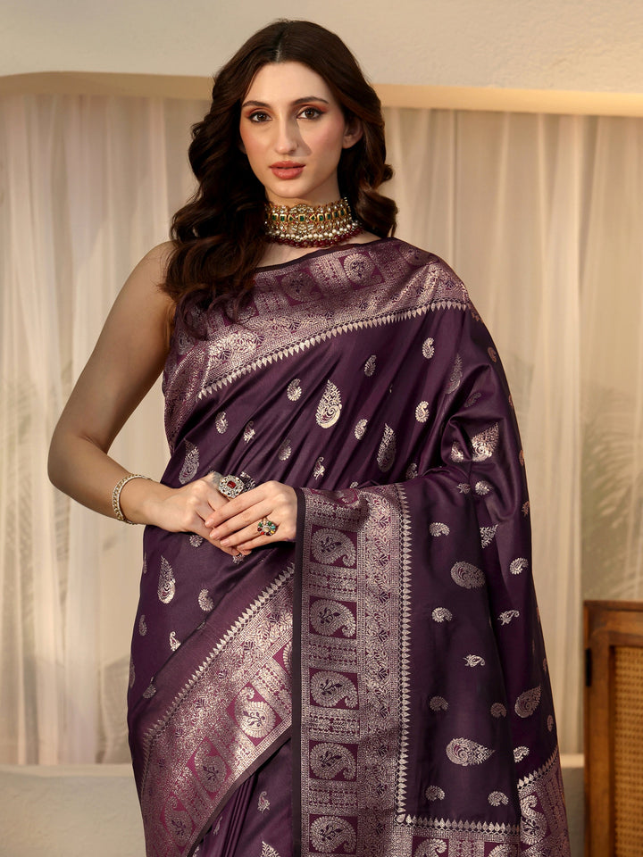 Libas Burgundy Banarasi Silk Blend Saree