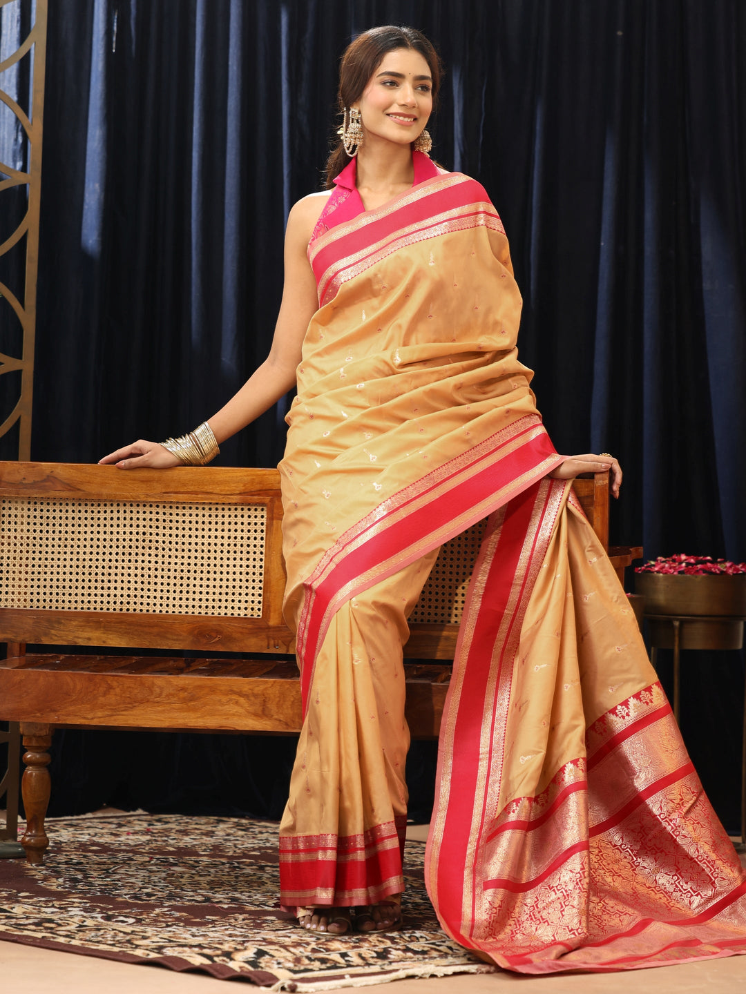 Libas Beige Kanjeevaram Silk Blend Saree