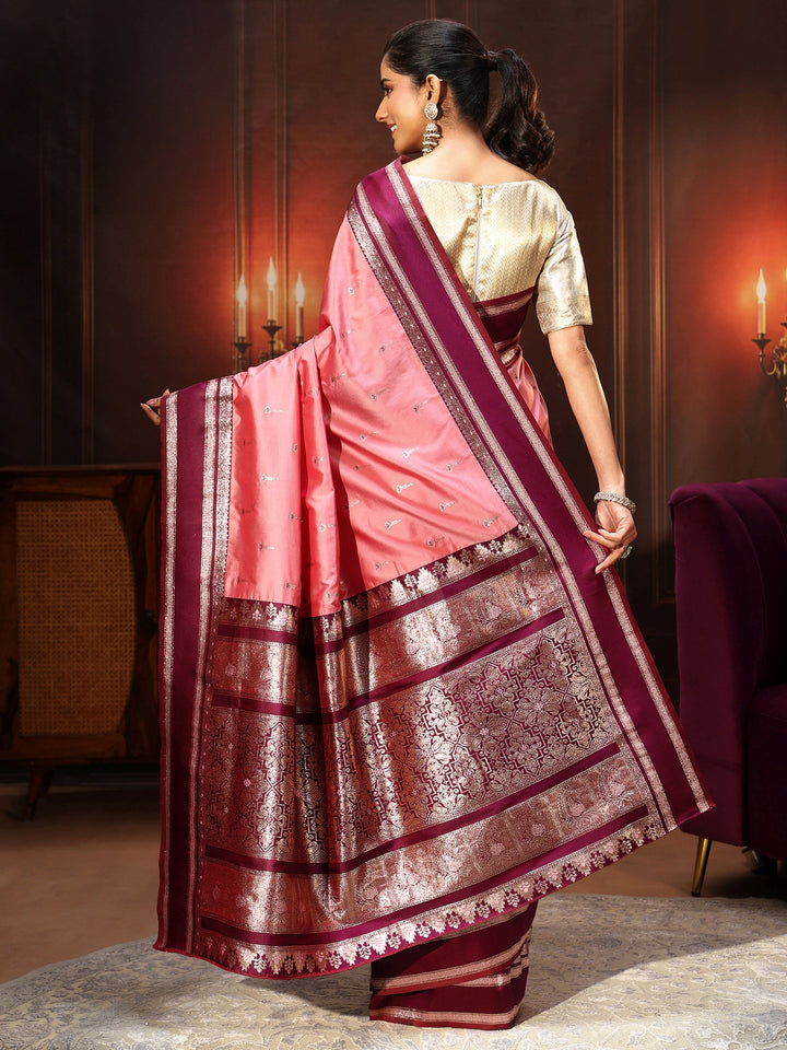 Libas Coral Pink Kanjeevaram Silk Blend Saree