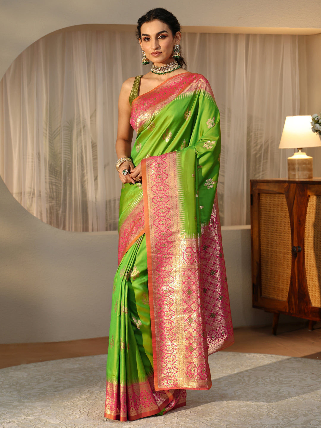 Libas Lime Green Kanjeevaram Silk Blend Saree